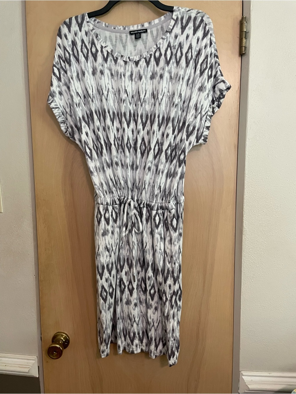 Hilary Radley Gray and White Ikat Print Drawstring Dress